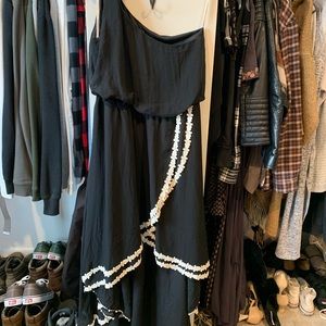 One shoulder black w/ white lace trim boho dress